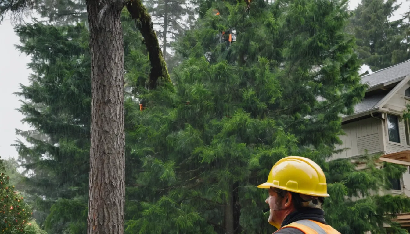 A tree provider checking a tall evergreen beside a house in Seattle on a damp, mild day